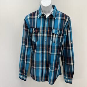 CARBON Slim Fit Mens XXL Plaid Striped Blue Long Sleeve Button Down Shirt